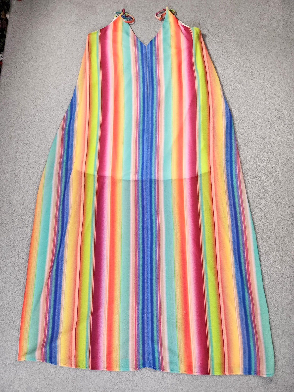 Fantastic Fawn Rainbow Strap Maxi Dress Size L Boho Pockets Lined Sundress Strip