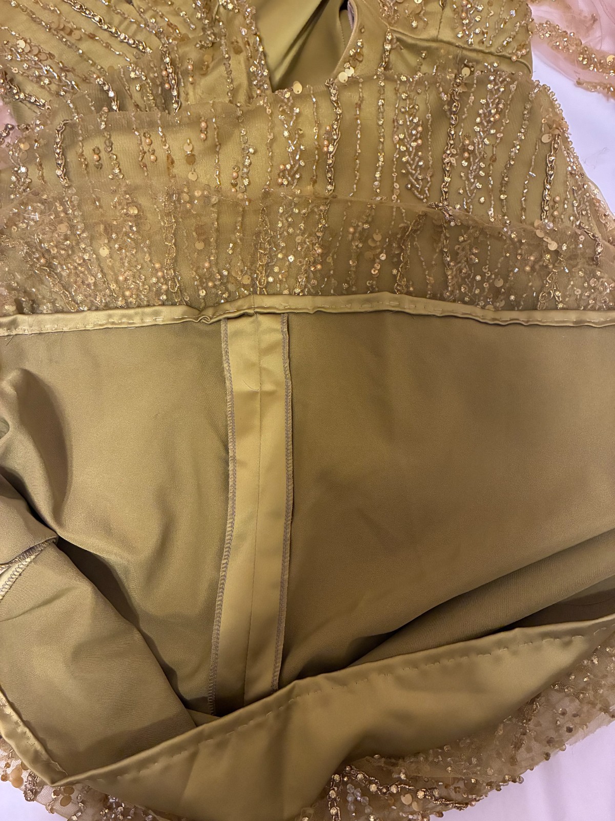 Olive Green Gold Beaded Sequin Evening Gown Sz M 6 Formal Maxi Dress Custom Made