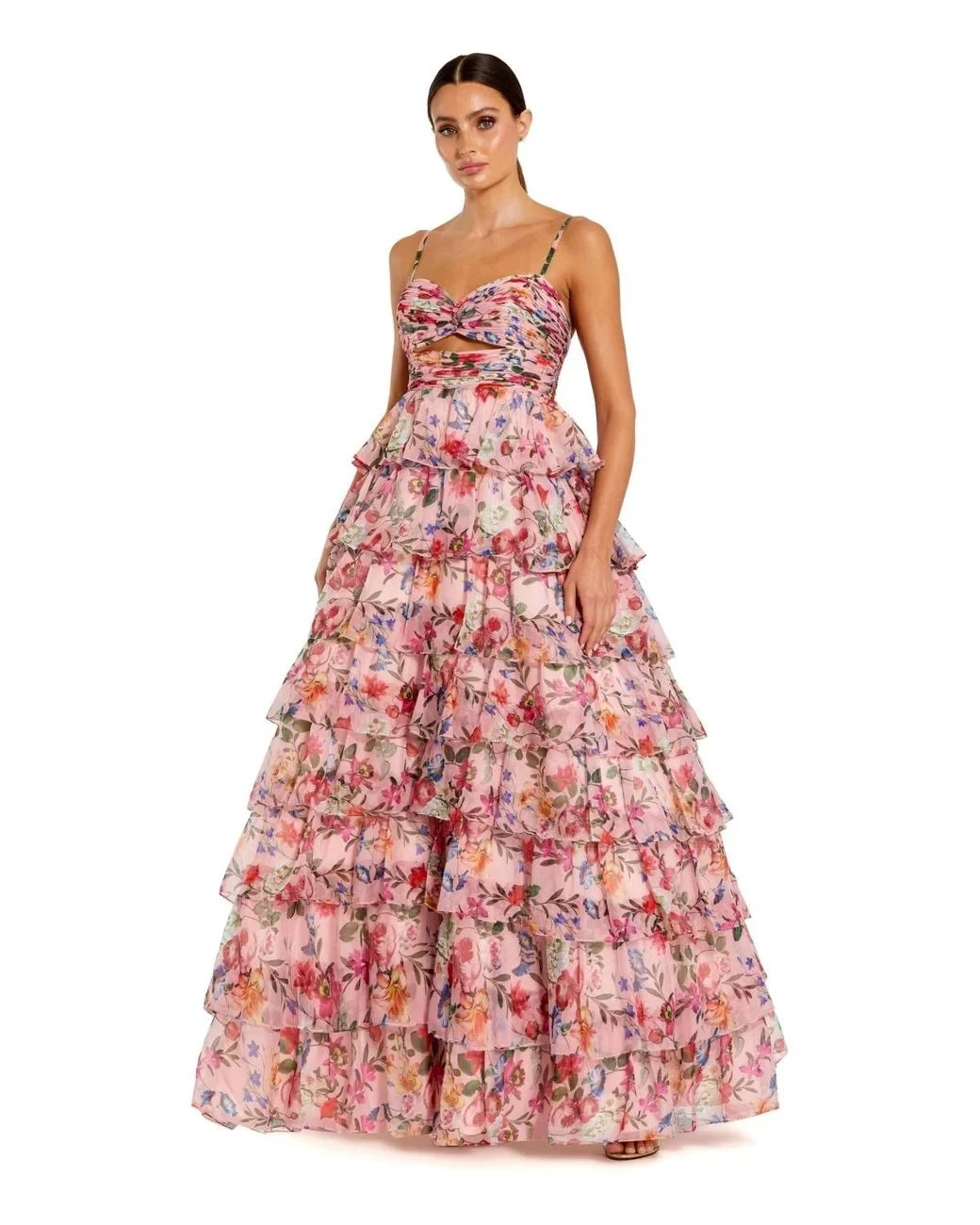 Mac Duggal Pink Multi Floral Cut Out Ruffle Layered Gown Size 6 $398