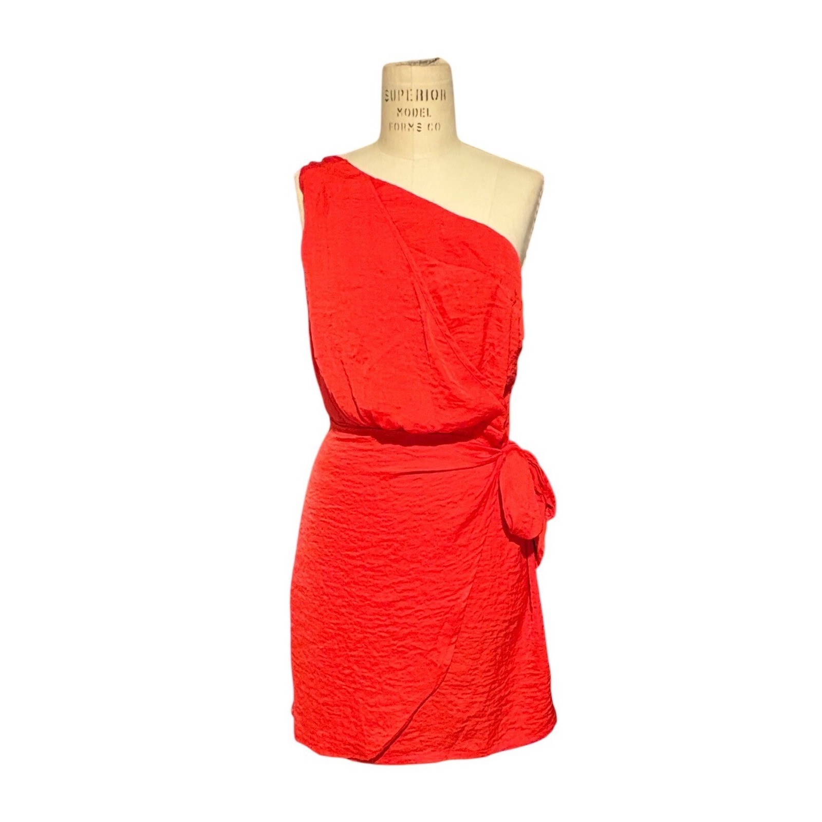 Red One Shoulder Textured Mini Wrap Dress Side Tie Med Wedding Guest Going out