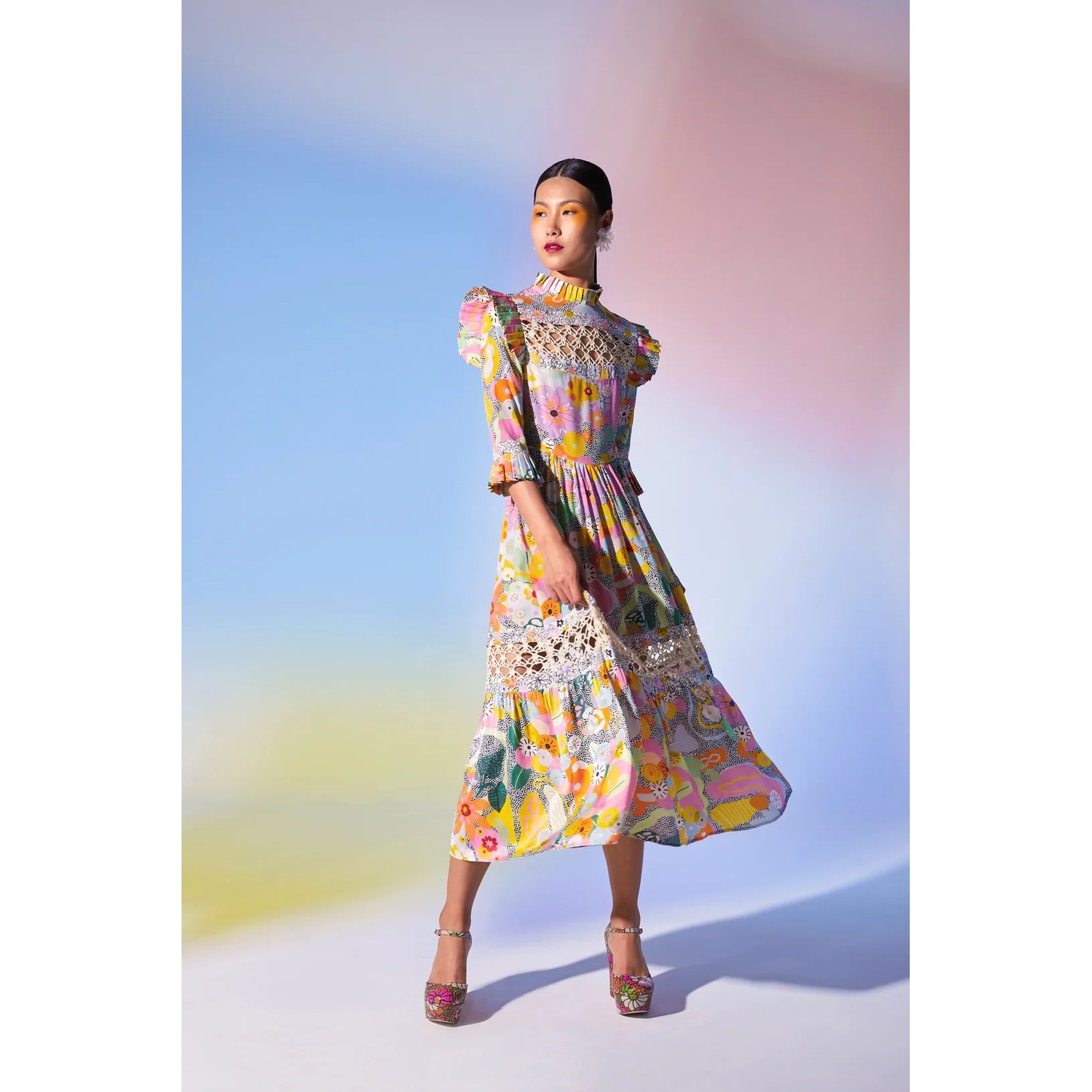 Celia B Sunny Dress Colorful Floral Crochet Lace High Ruffle Neck Tiered Midi M