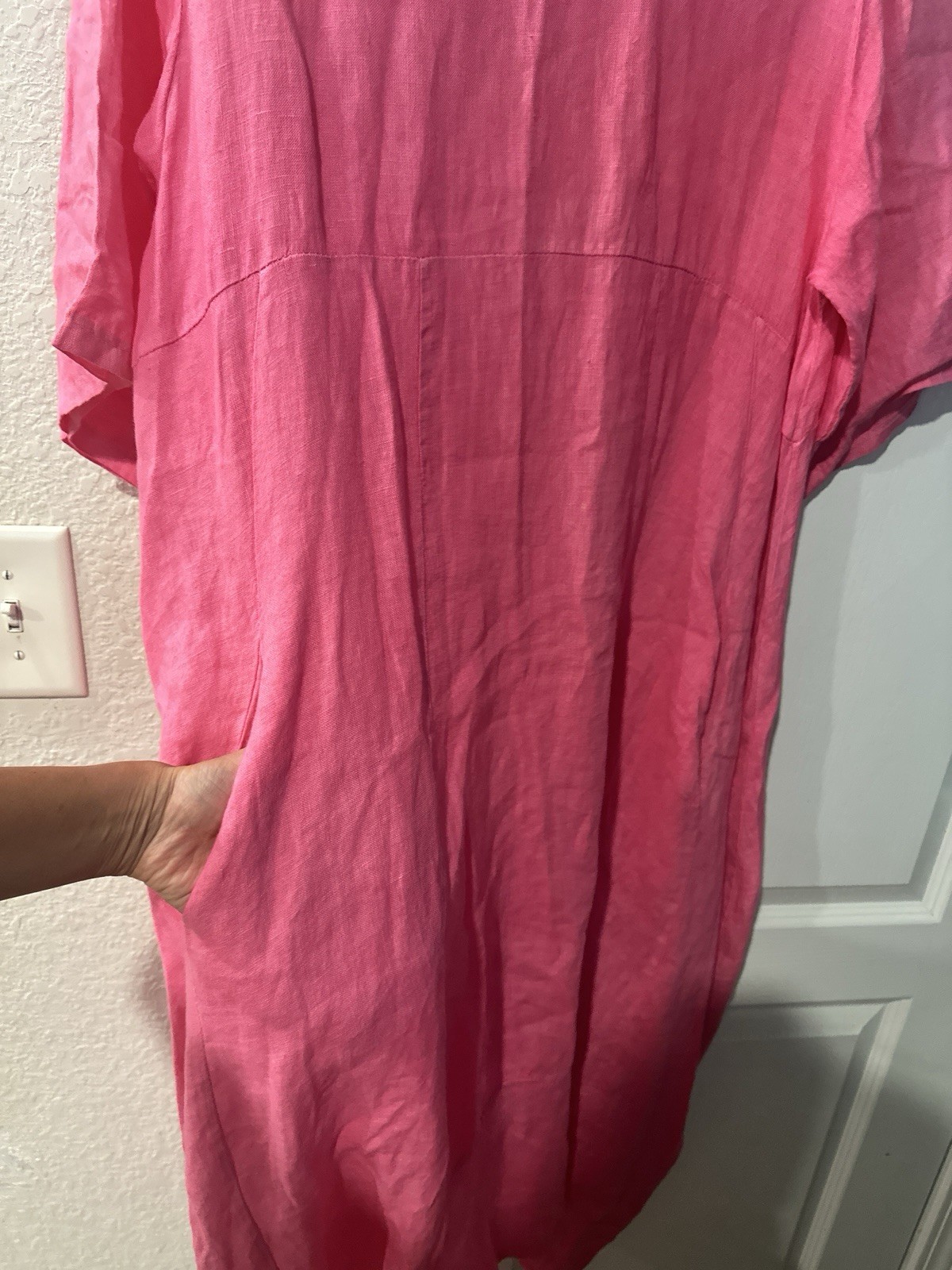 Jòso Millenium Pink Linen Shift Midi Dress Round Neck Short Sleeve Pockets S