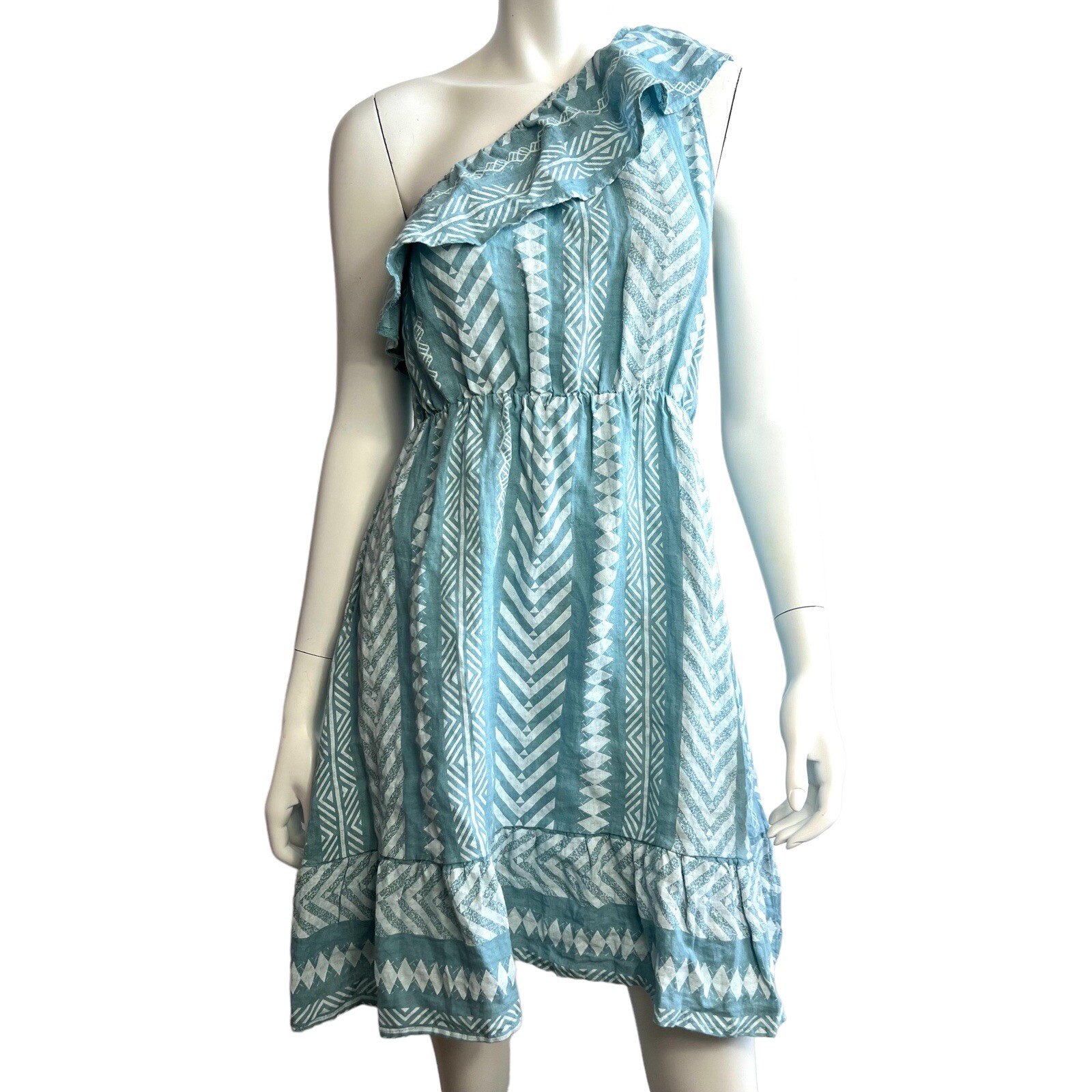 Valentina Naldi 100% Linen Dress Medium Blue One Shoulder Resort Italy White