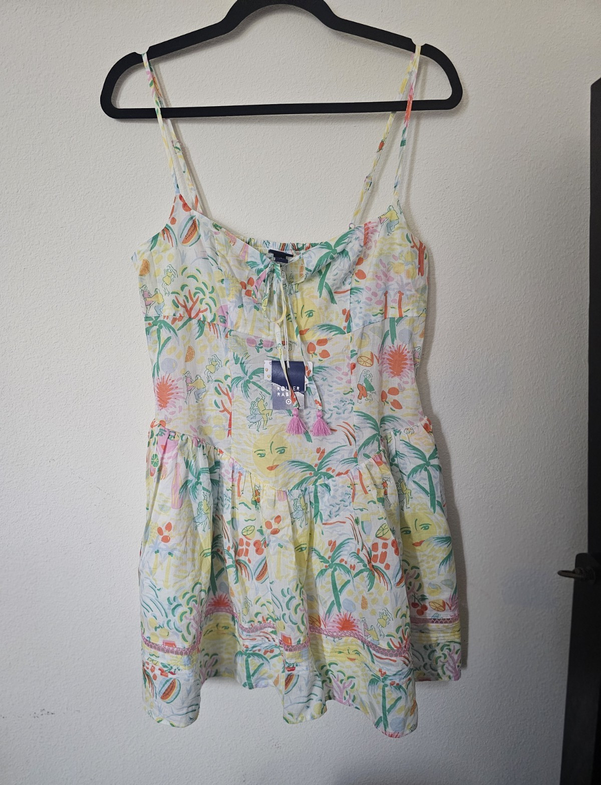 Roller Rabbit Womens S Cotton Smocked Square Neck Tassel Tie Tropical Sundress