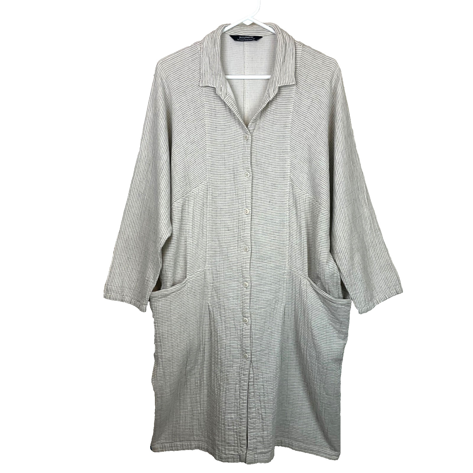 Yacco Maricard Cotton Linen Button Tunic Top/Dress Gauzy Gray Stripe Pockets XL