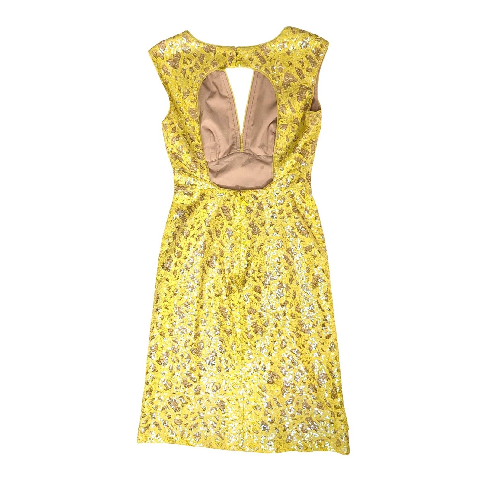 BCBGMAXAZRIA Yellow Sequin Lace Cain Mini Dress Open Back Glam Size 2