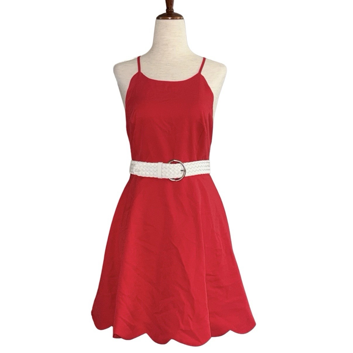 Lulus Red Fit & Flare Dress M Scallop Hem Tie Back Crawfish Boil Fit Summer