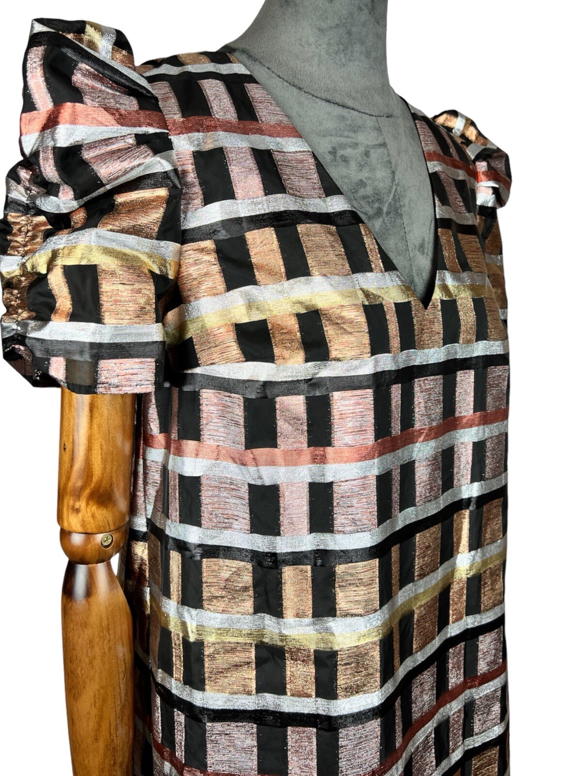 Chic Geometric Print Dress with Metallic Fibers, Lantern Sleeves, Eu38/M