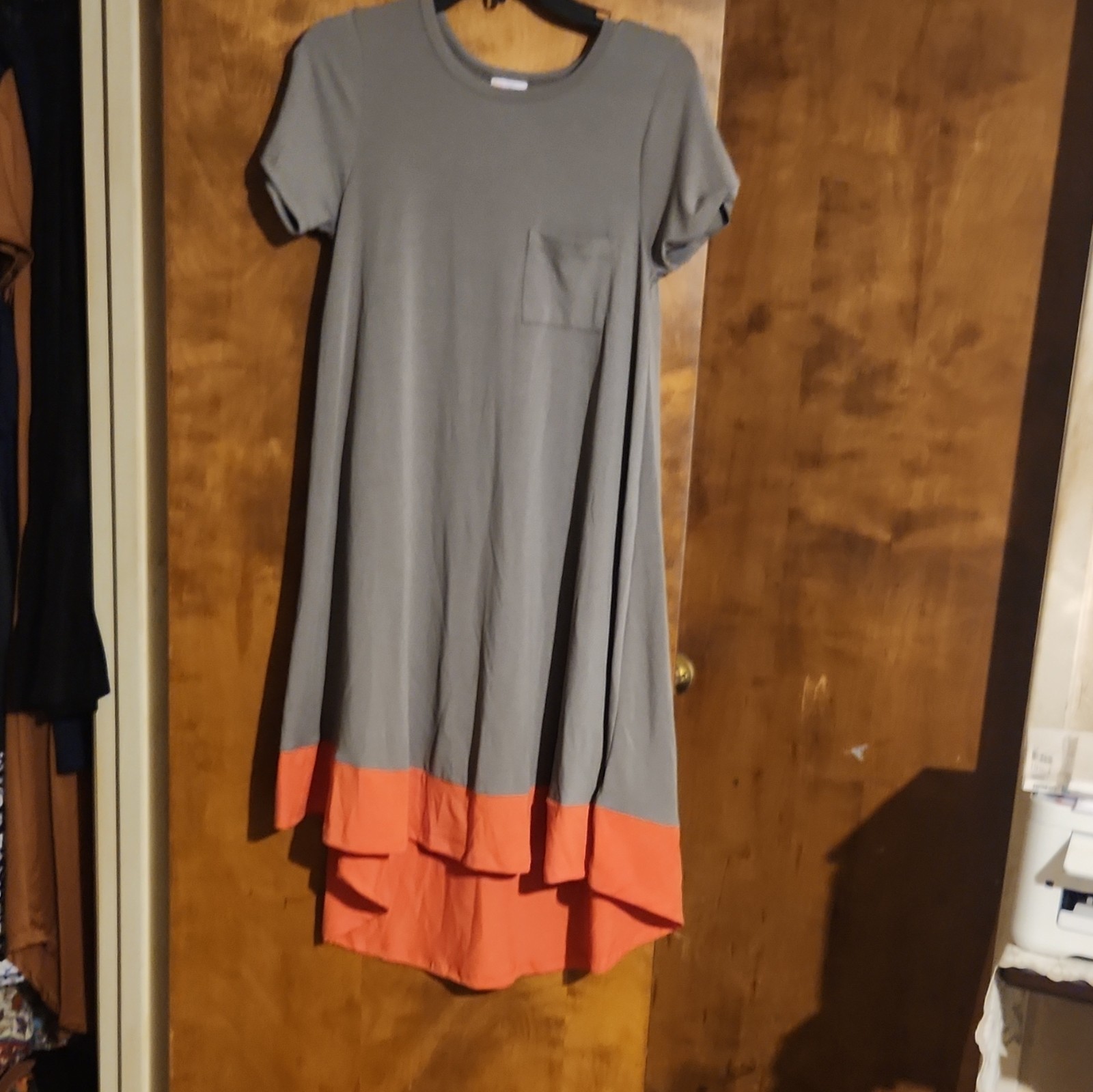 LuLaRoe Gray Orange Solid Knit Round Neck Short Sleeve Midi Dress XS Regular