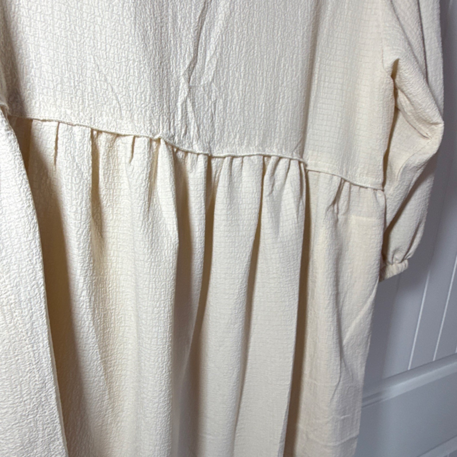 AIMAGE Beige Fit & Flare Midi Dress Button Pleated Pockets 3/4 Balloon Sleeve L