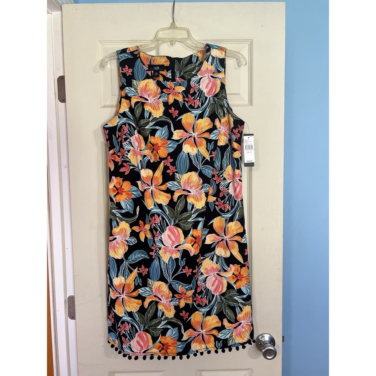 AGB Black Tropical Floral Shift Dress 16 NWT Resort Vacation Sleeveless Pom Pom