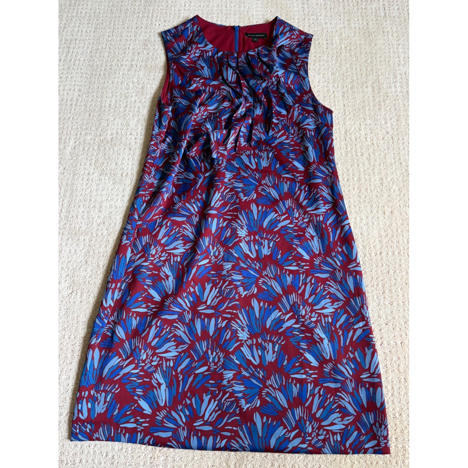 Banana Republic Womens Red Blue Floral Pleated Neck Sleeveless Shift Dress 12