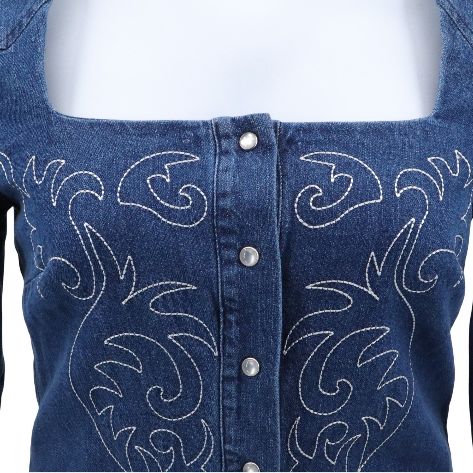 Avec Les Filles Denim Mini Dress Size 6 NWT Embroidered Western Snap Square Neck