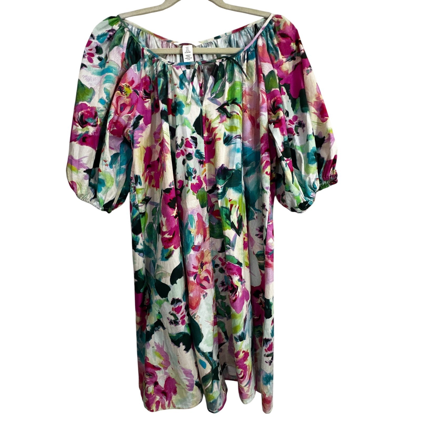 HM Floral Puff Sleeve Mini Dress Watercolor Pink Teal Tie Neck Small NWT