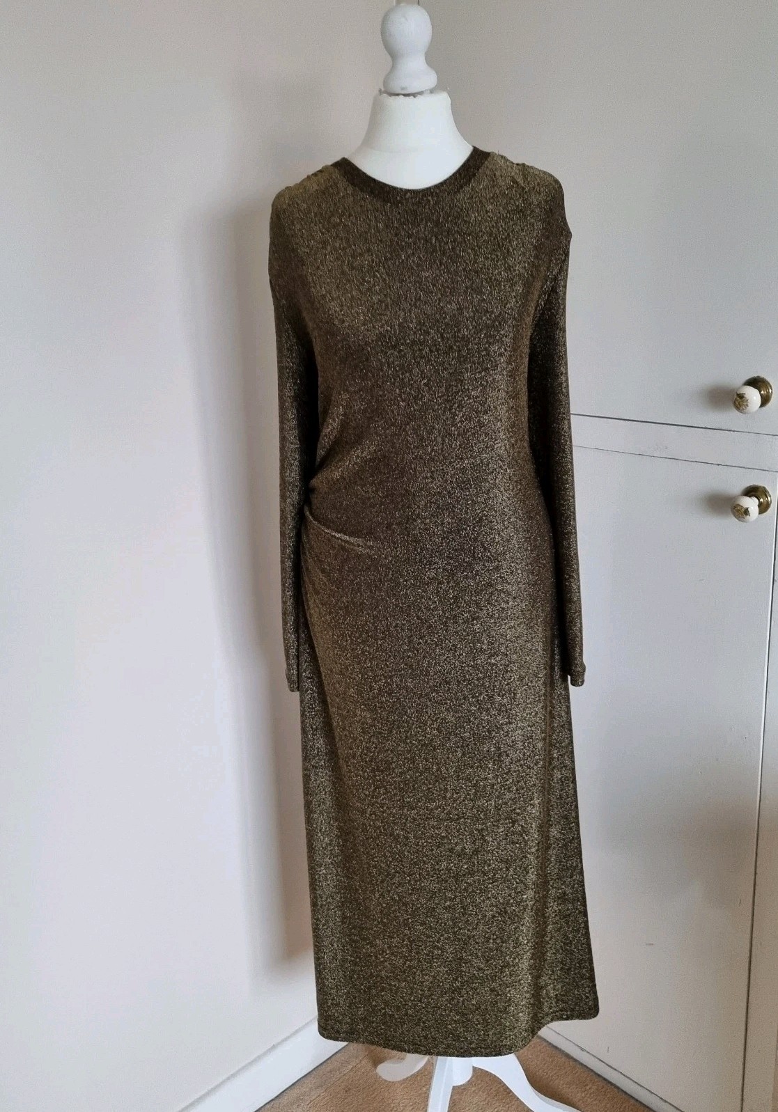 M&S Gold Metallic Midi Evening Dress Ruched Side Cocktail Party Stretchy UK16