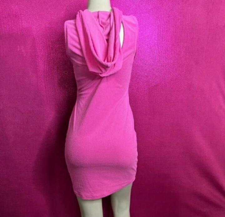 🆕Pink Front Zipper Open Cut-Out Back Bodycon Hoodie Mini Dress Size M