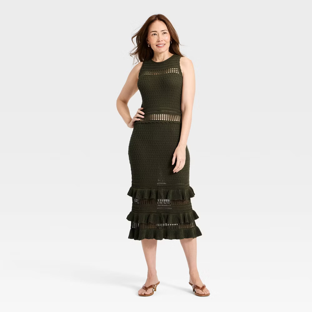 Women Ruffle Sweater Midi Dress – A New Day Olive Green S