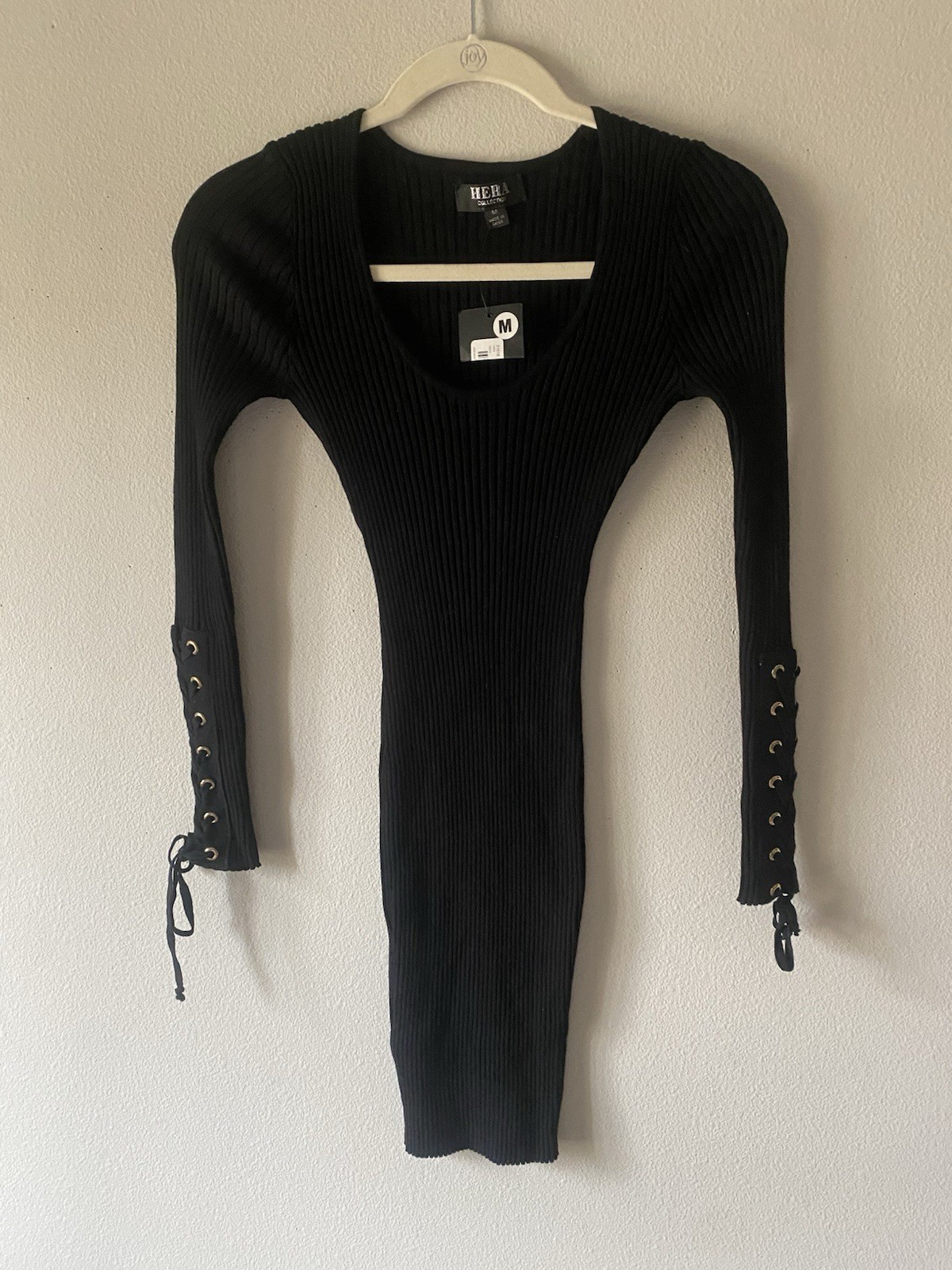 Hera Collection Black Mini Ribbed Dress Lace Up Sleeve Sz XS(M) Knit