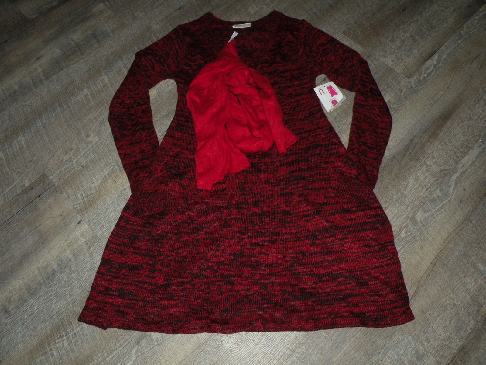 BOBBIE BROOKS LADIES RED MIX-SWEATER DRESS WITH SCARF SMALL NWT