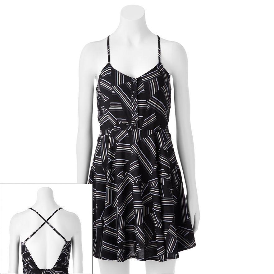 Large 9-11 Linear Geometric CROSS BACK SKATER DRESS Black Grey Light Blue White