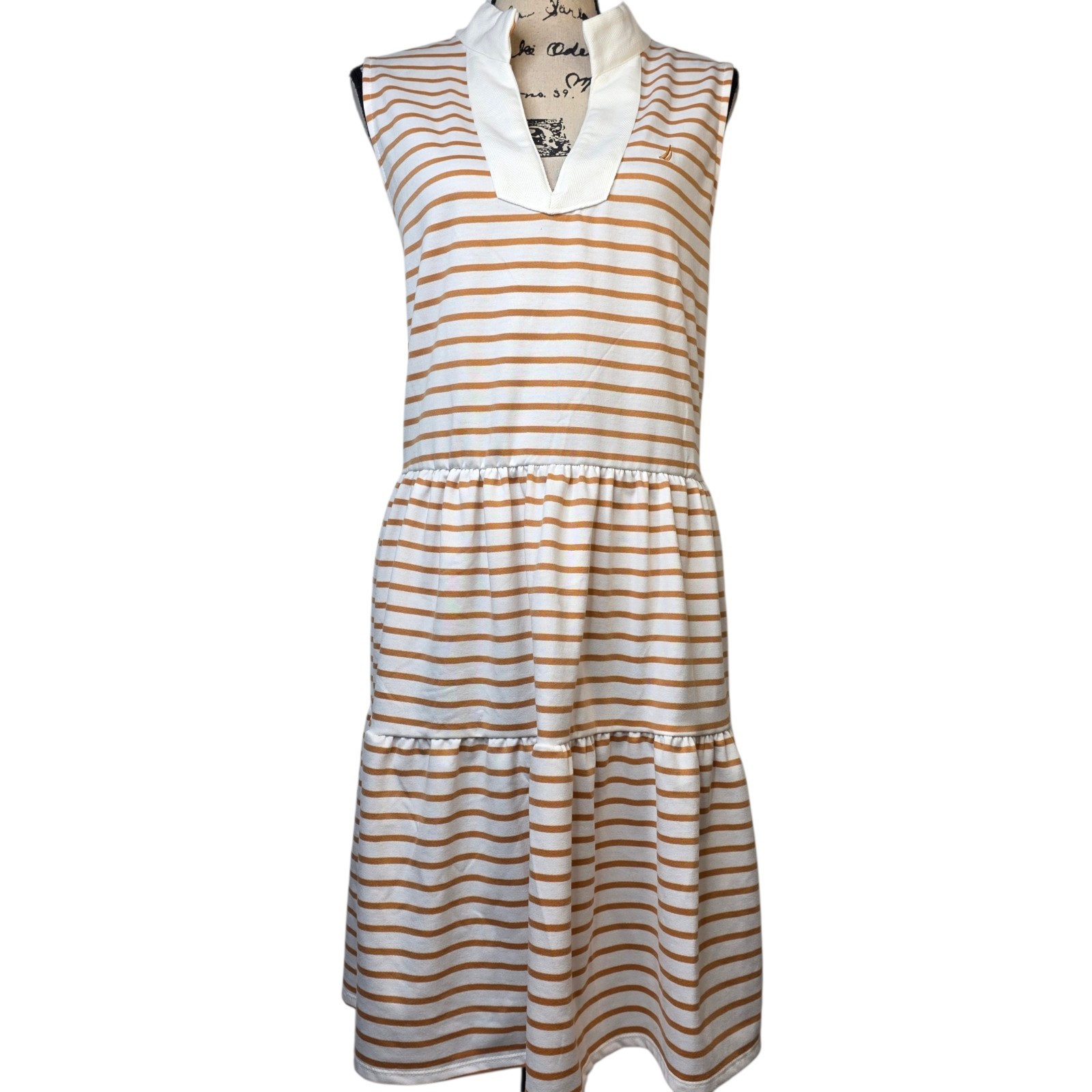 Nautica New Knit Sleeveless Dress Women’s XL Tiered Almond Ivory Stripe Pockets