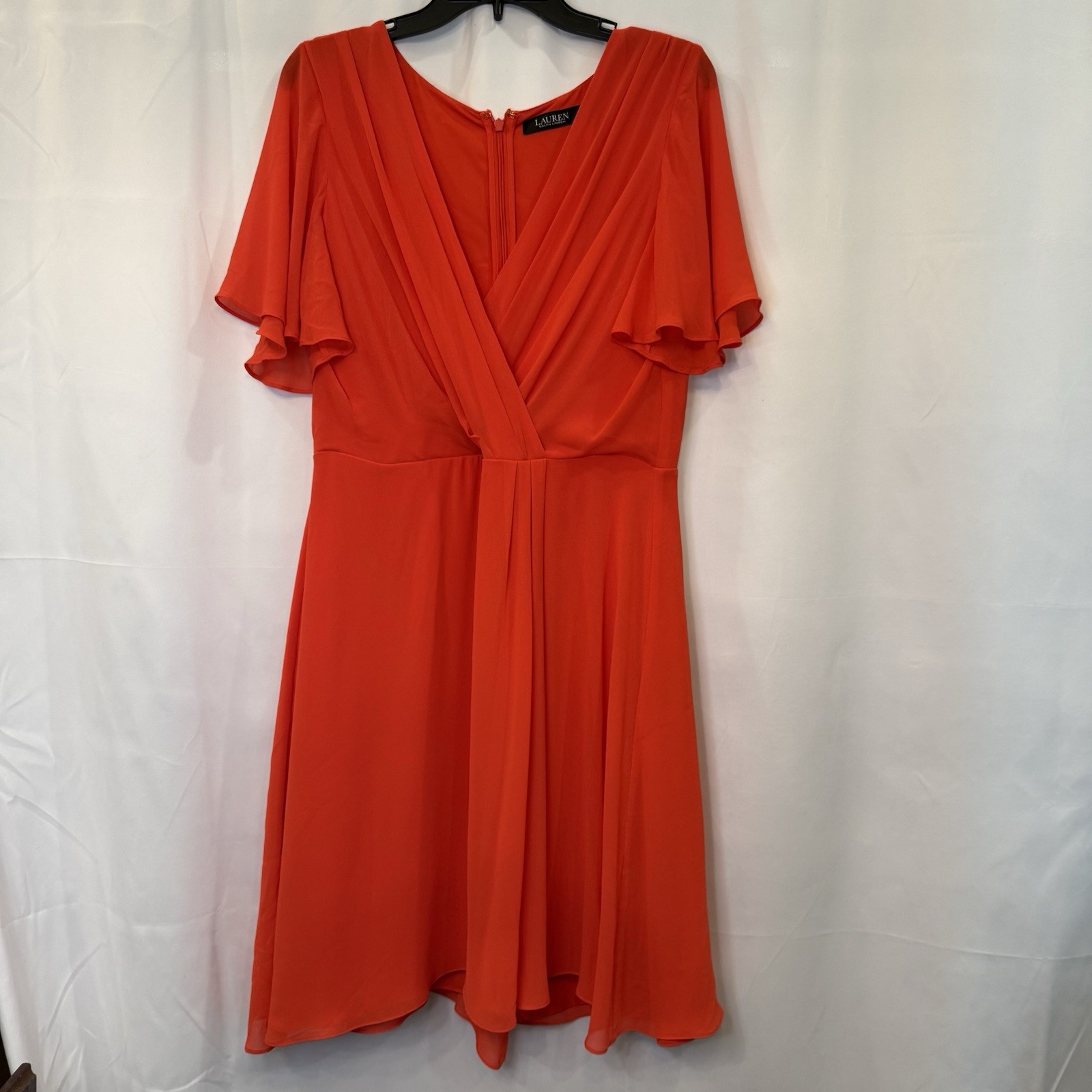 Lauren Ralph Lauren Orange Chiffon V-Neck Flutter Sleeve A-Line Dress Size 12