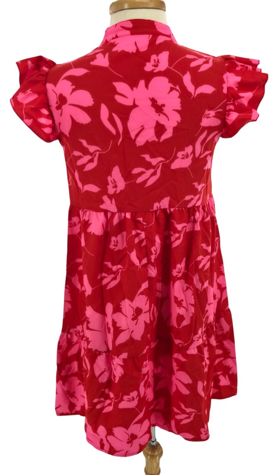 Ruffle Cap Sleeve Mock Split V-Neck Bright Floral Tiered Tropical Mini Dress