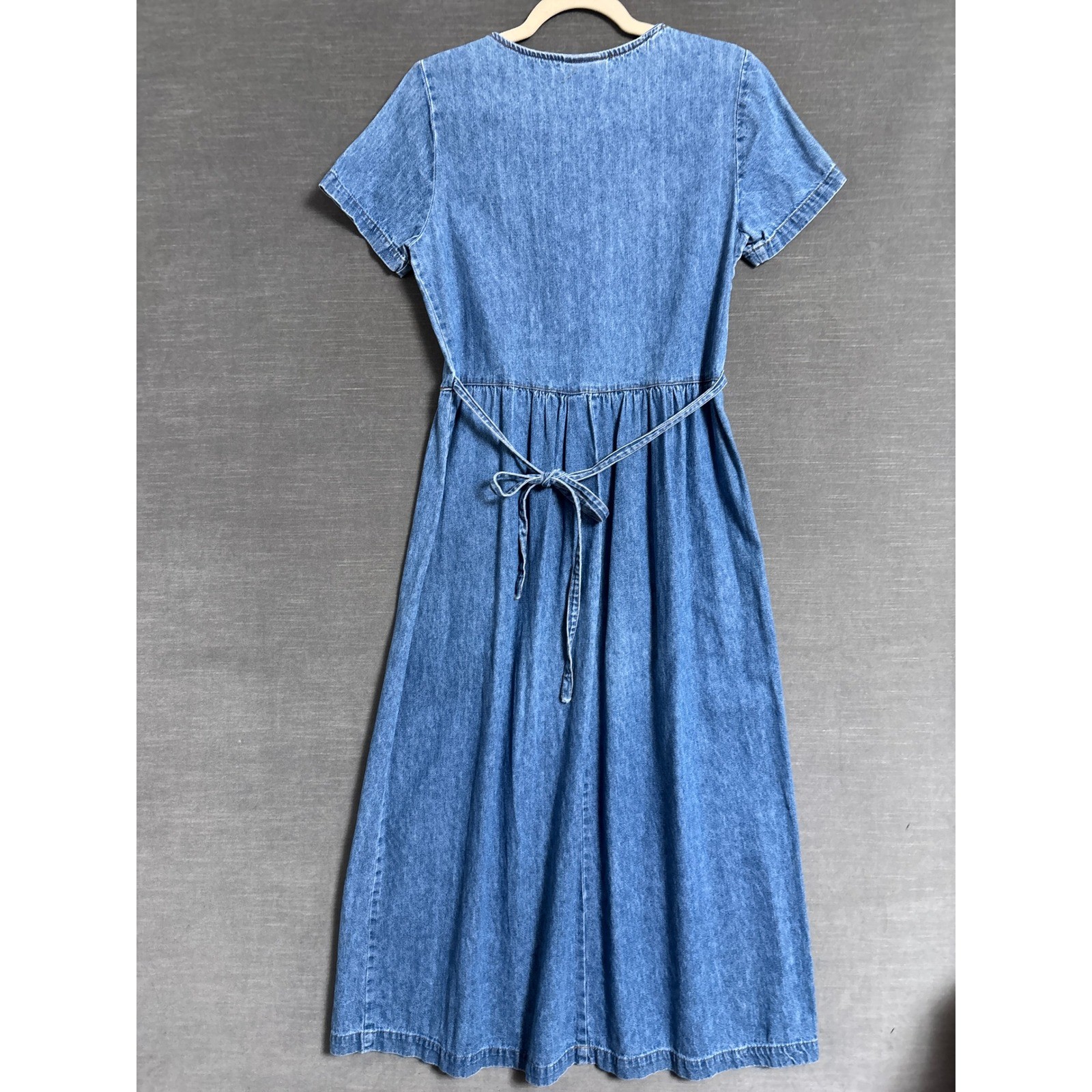 Vintage 90s Dress M Blue Denim Button Short Sleeve Midi Cottage Country Western