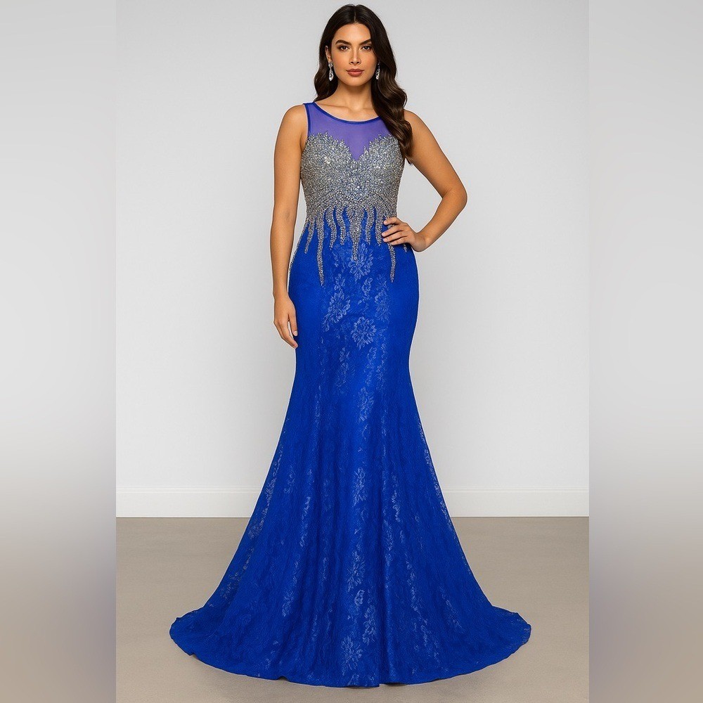 Blue Rhinestone Prom Dress Womens 8 Mermaid Formal Maxi Evening Gown Pageant