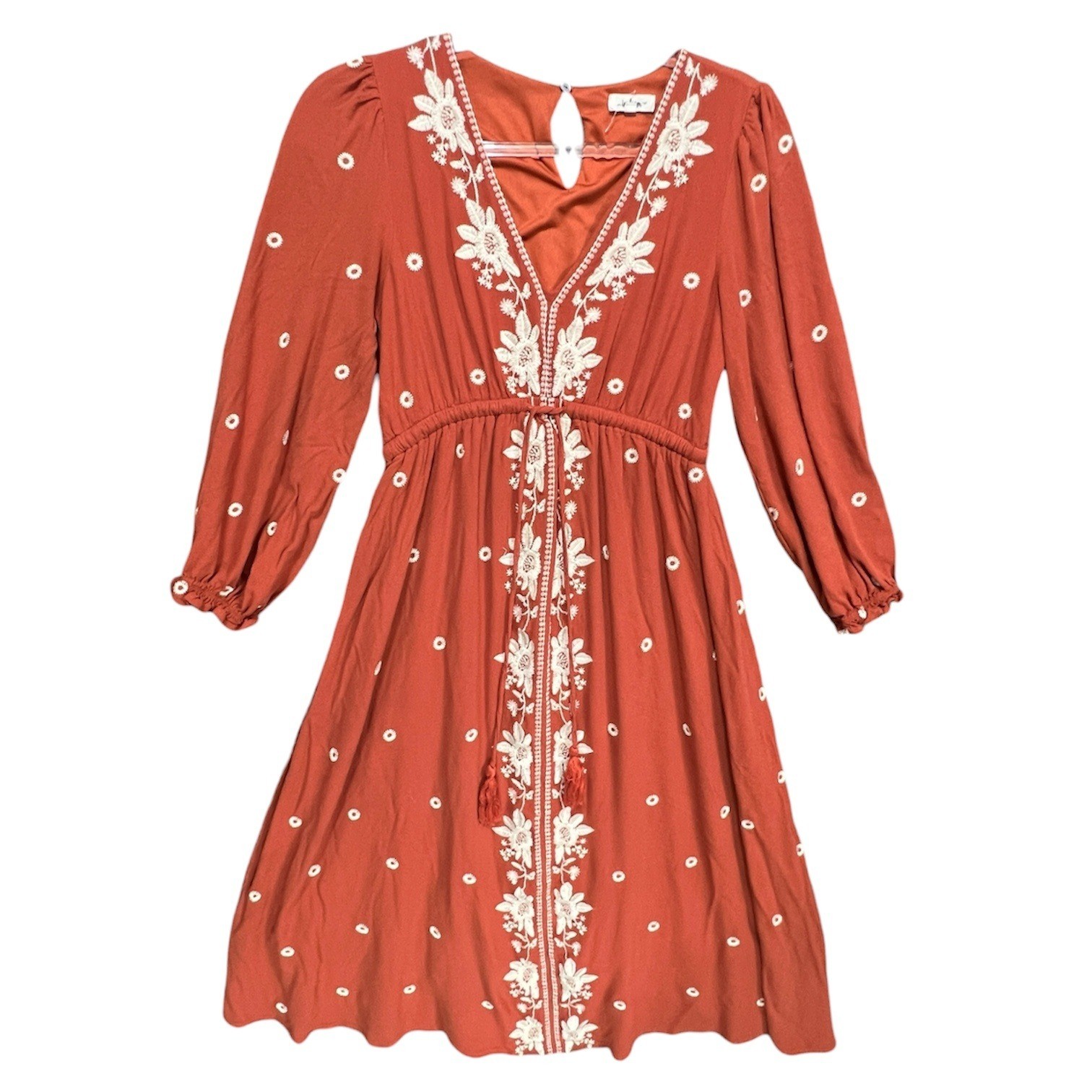 In Loom Rust Embroidered Boho Maxi Dress Long Sleeve V-Neck Size M Boho Peasant