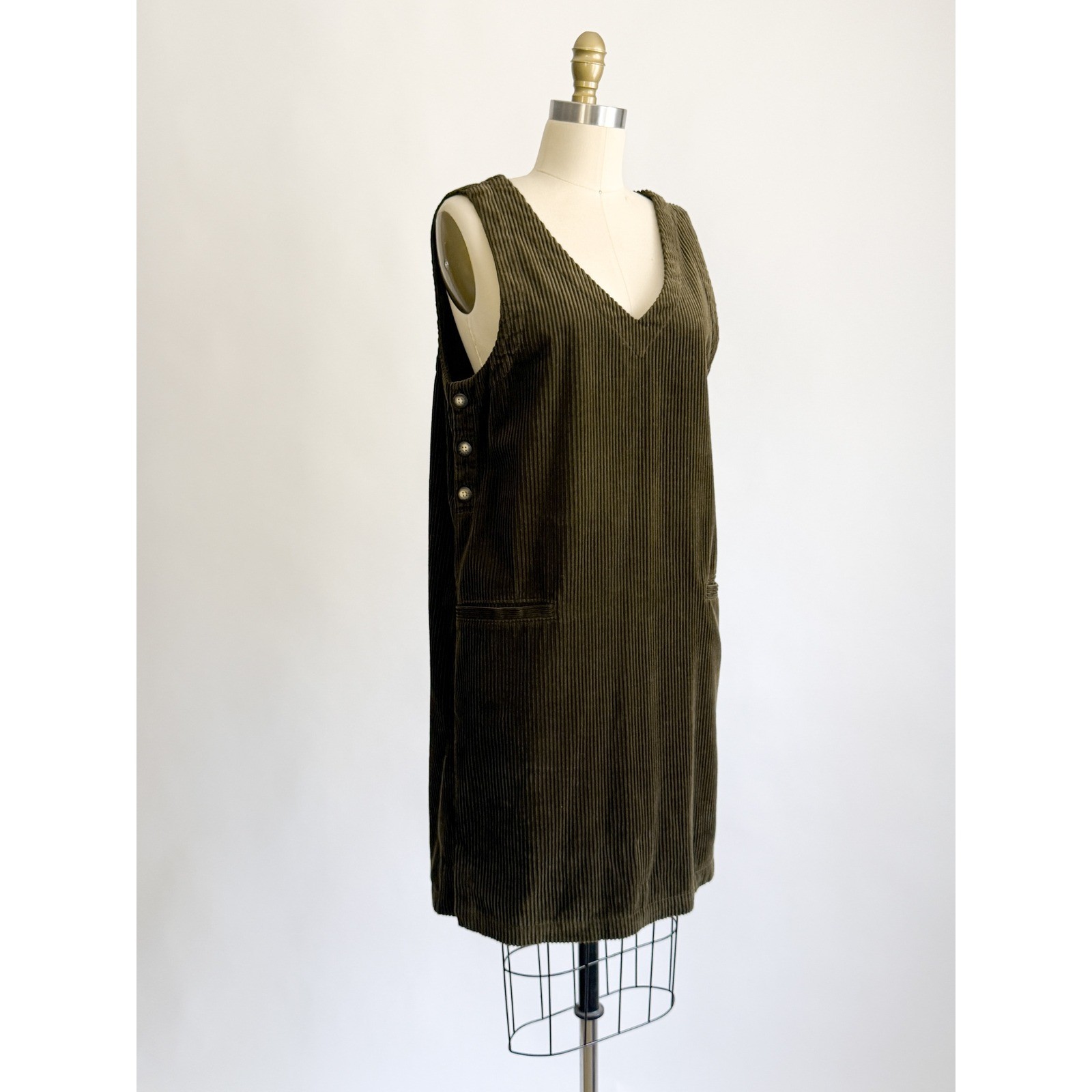 Vintage Eddie Bauer Corduroy Jumper Dress Small Olive Green V-Neck Side Button