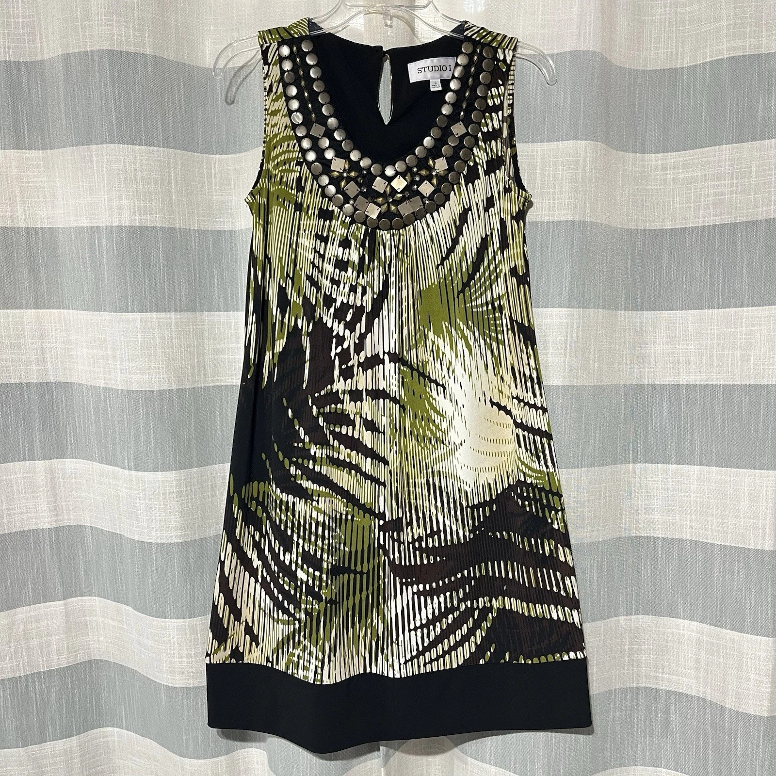 Studio I Women’s Green Black Patterned Sleeveless Dress Metal Disc Accent US 6