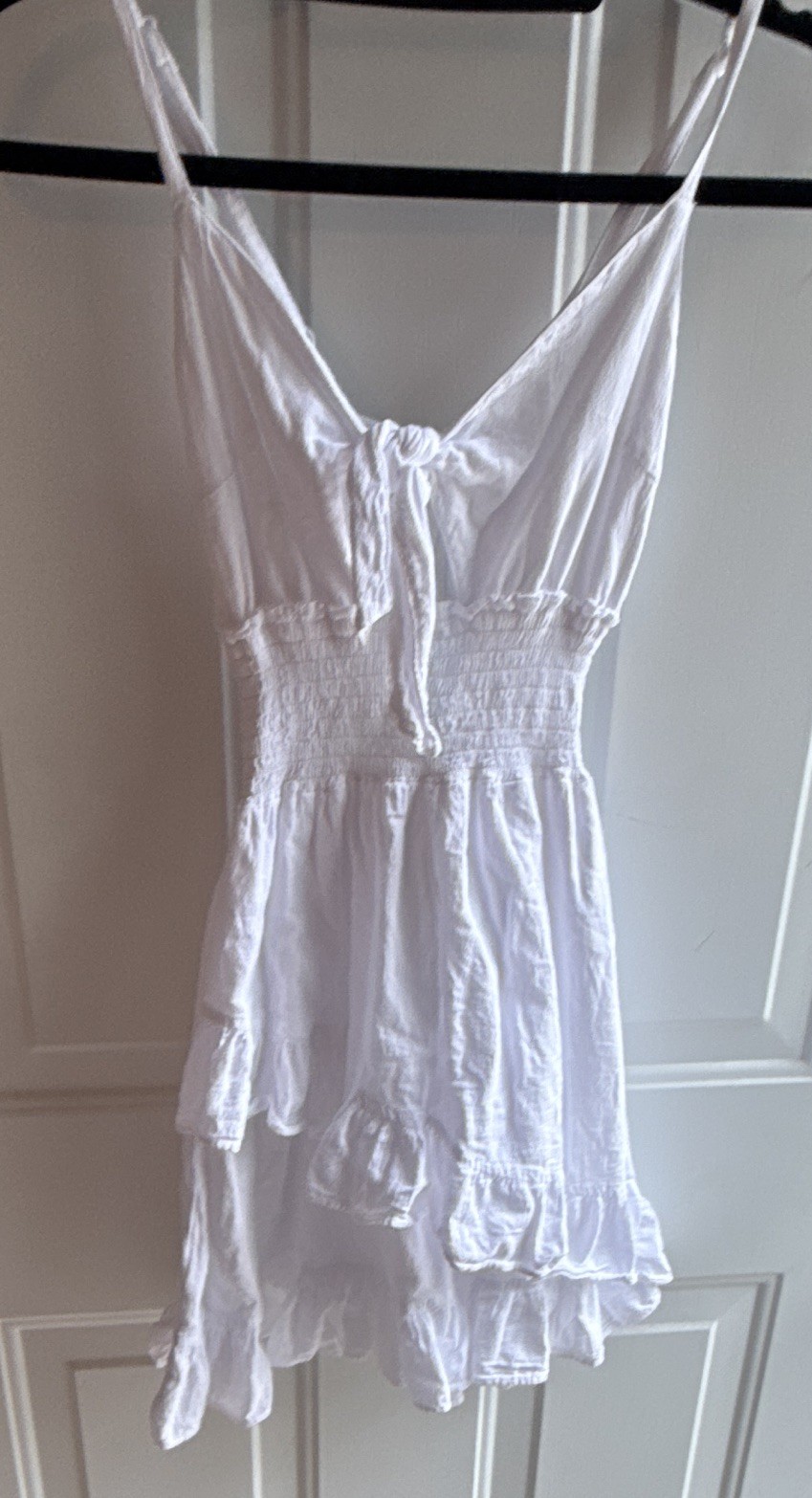 Blanco by Nature White Mini Sundress V-Neck Spaghetti Tie Ruffle Cotton S summer