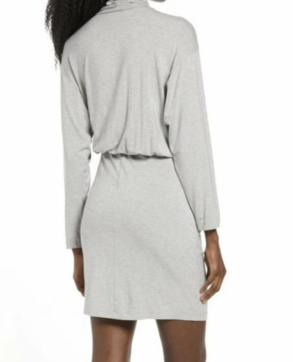 Fraiche By J Ruched Long Sleeve Mock Neck Jersey Dress in Gray Size Large $88