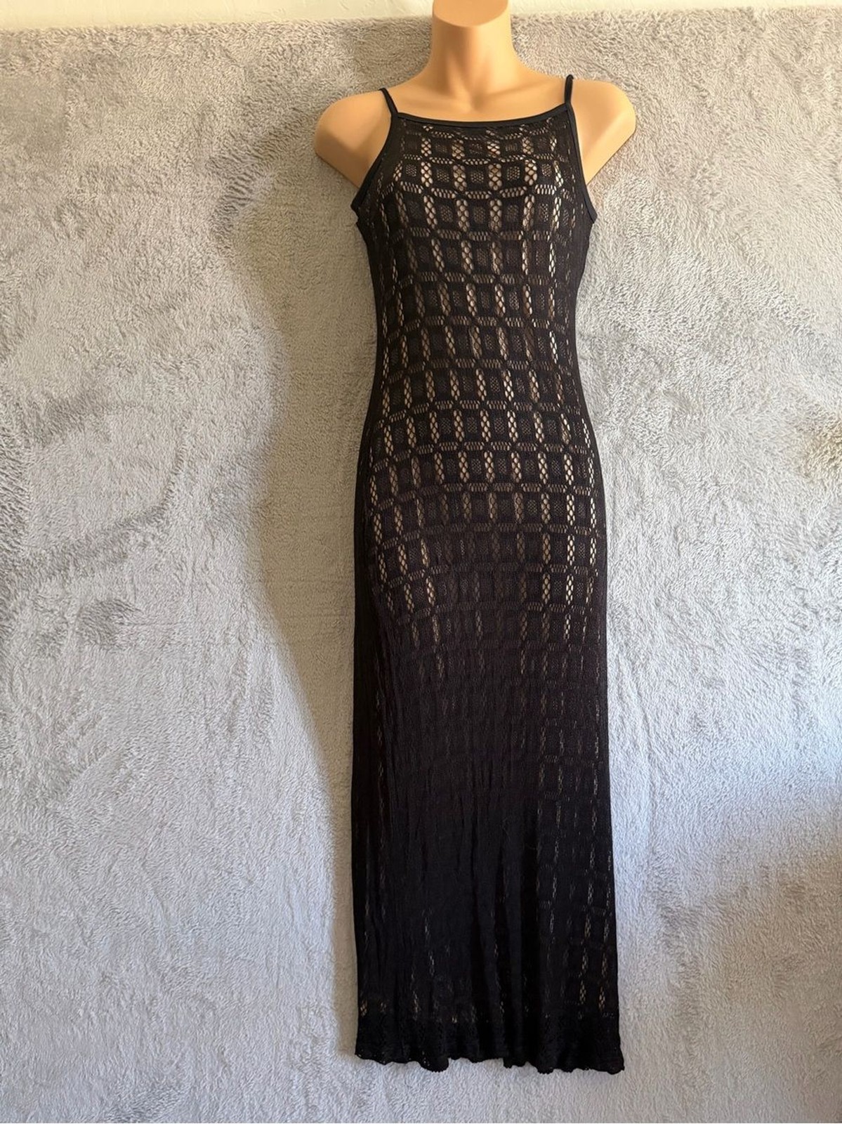Y2K Hugo Buscati Black Crochet Maxi Slip Dress S