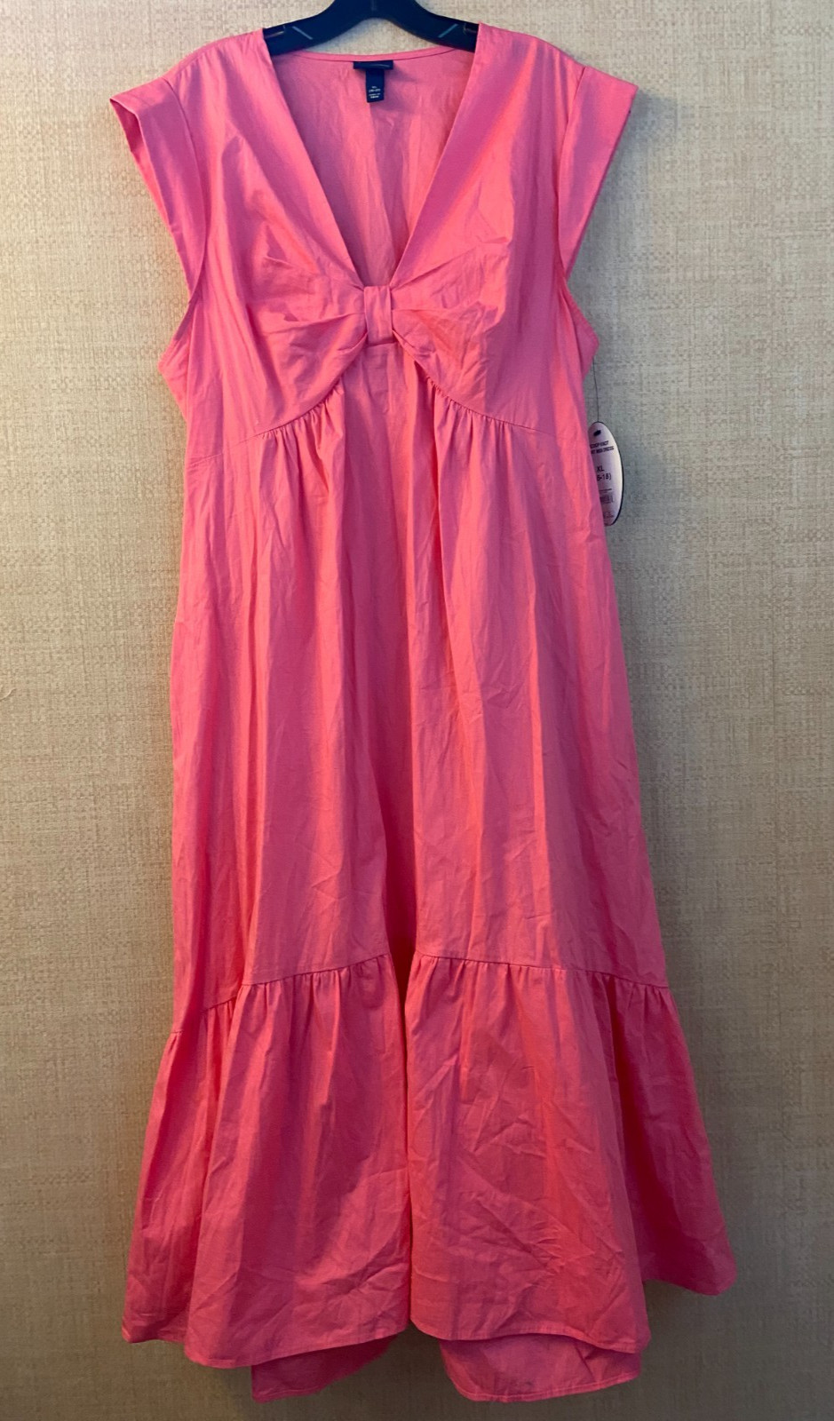 Scoop short cap sleeve boho A-line midi dress size XL pink cotton ruffle at hem