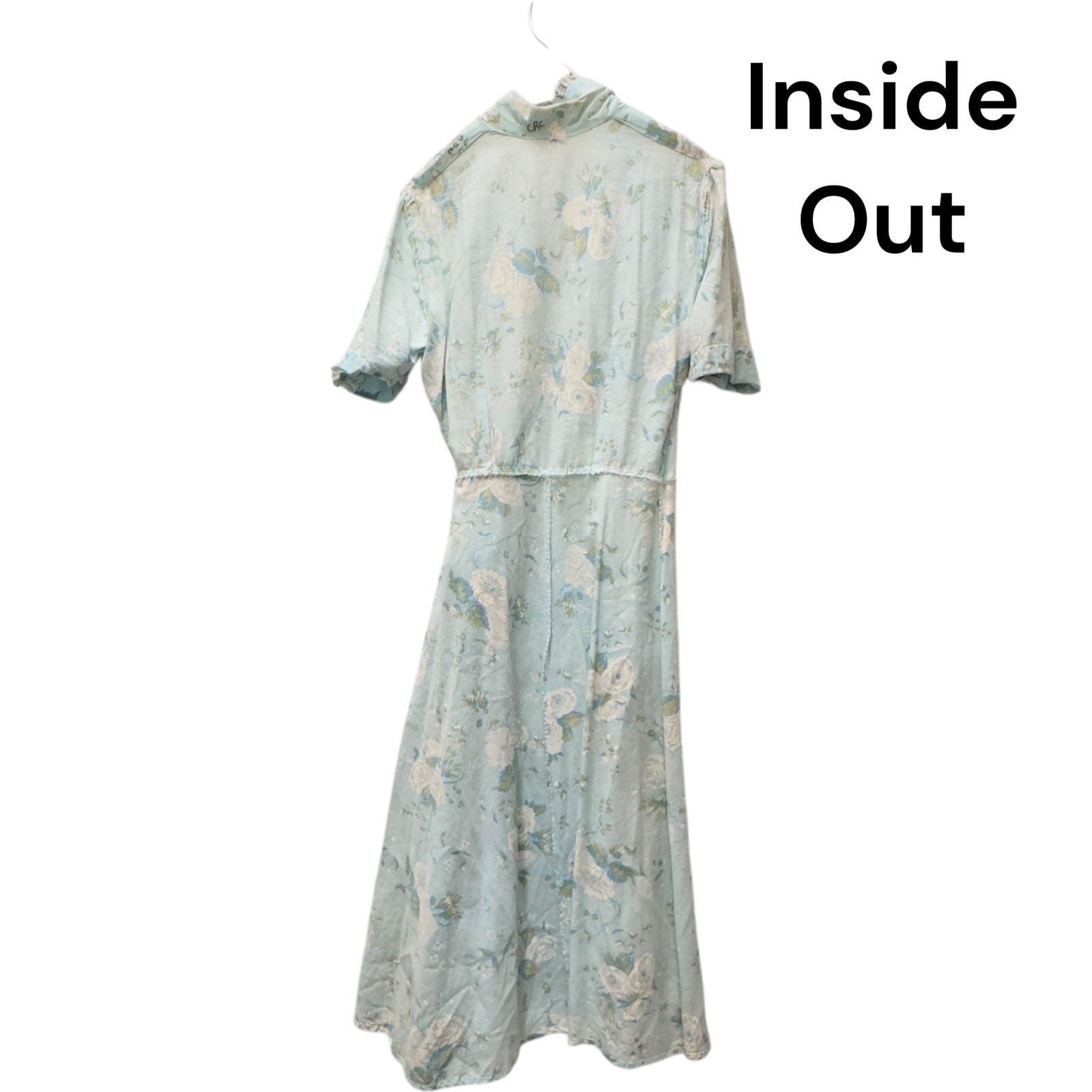 Vintage 1940s Blue Floral Seersucker Cotton House Dress Tie Waist Pockets Lace