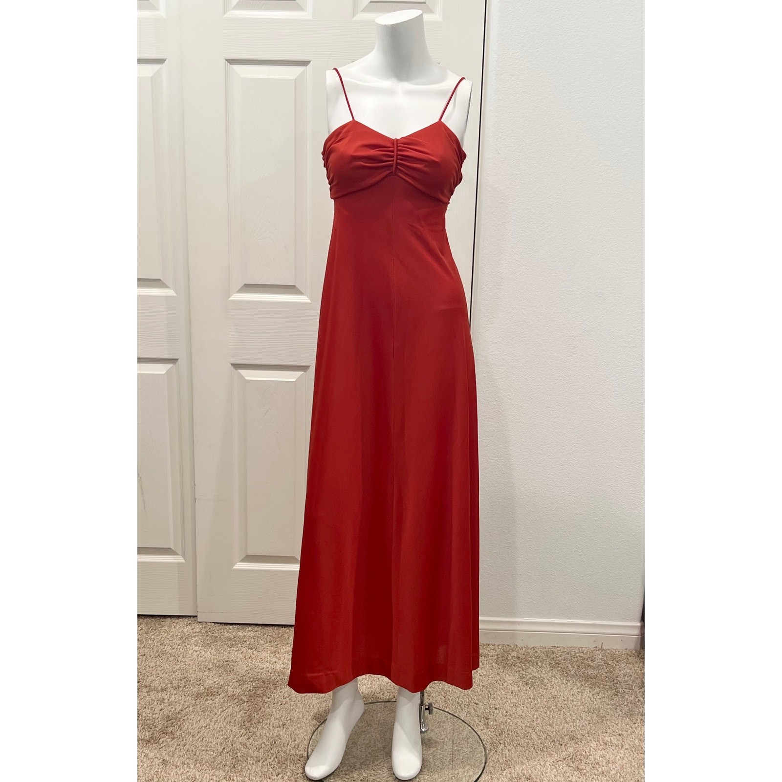 vintage 70s rust disco 1970s fringe dress strappy polyester evening dress Small