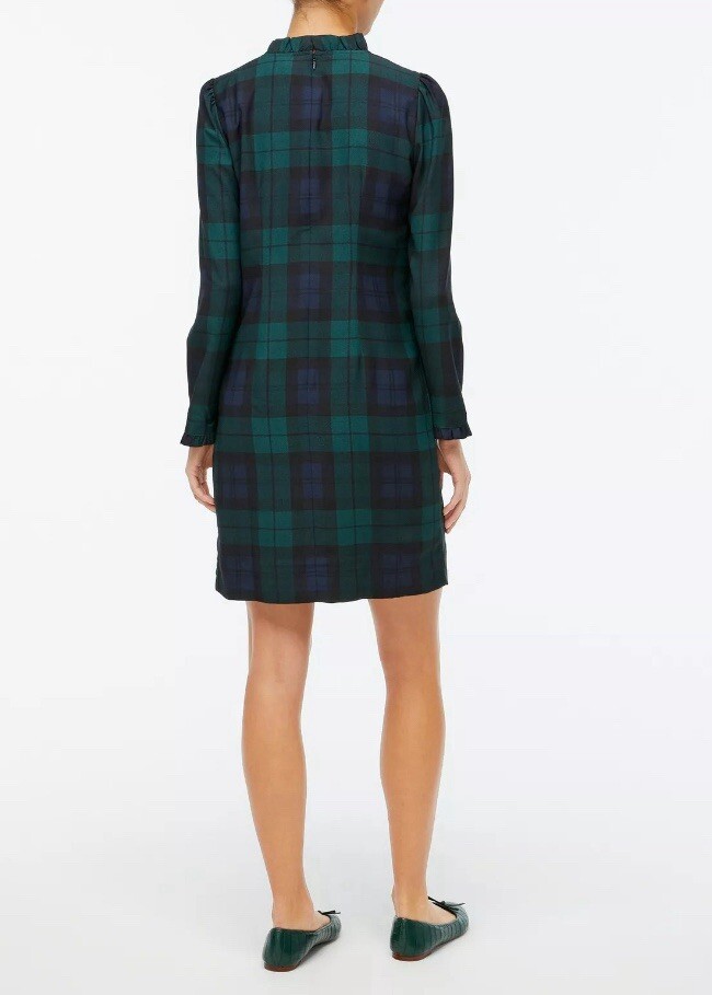 J. Crew Factory Ruffleneck Shift Dress Green & Black Watch Tartan Plaid Size 20