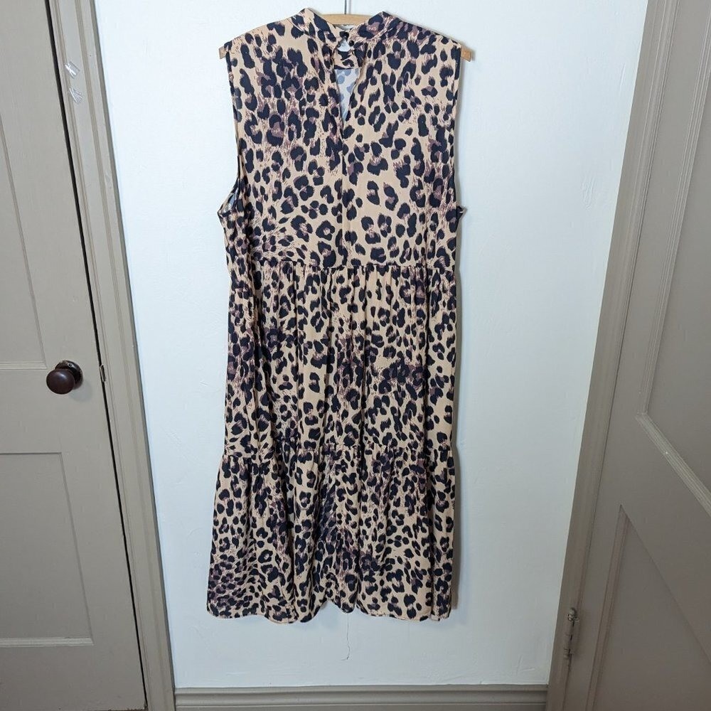 Boohoo Leopard Print Tiered Midi Mock Neck Dress High Neck Sleeveless Size 14