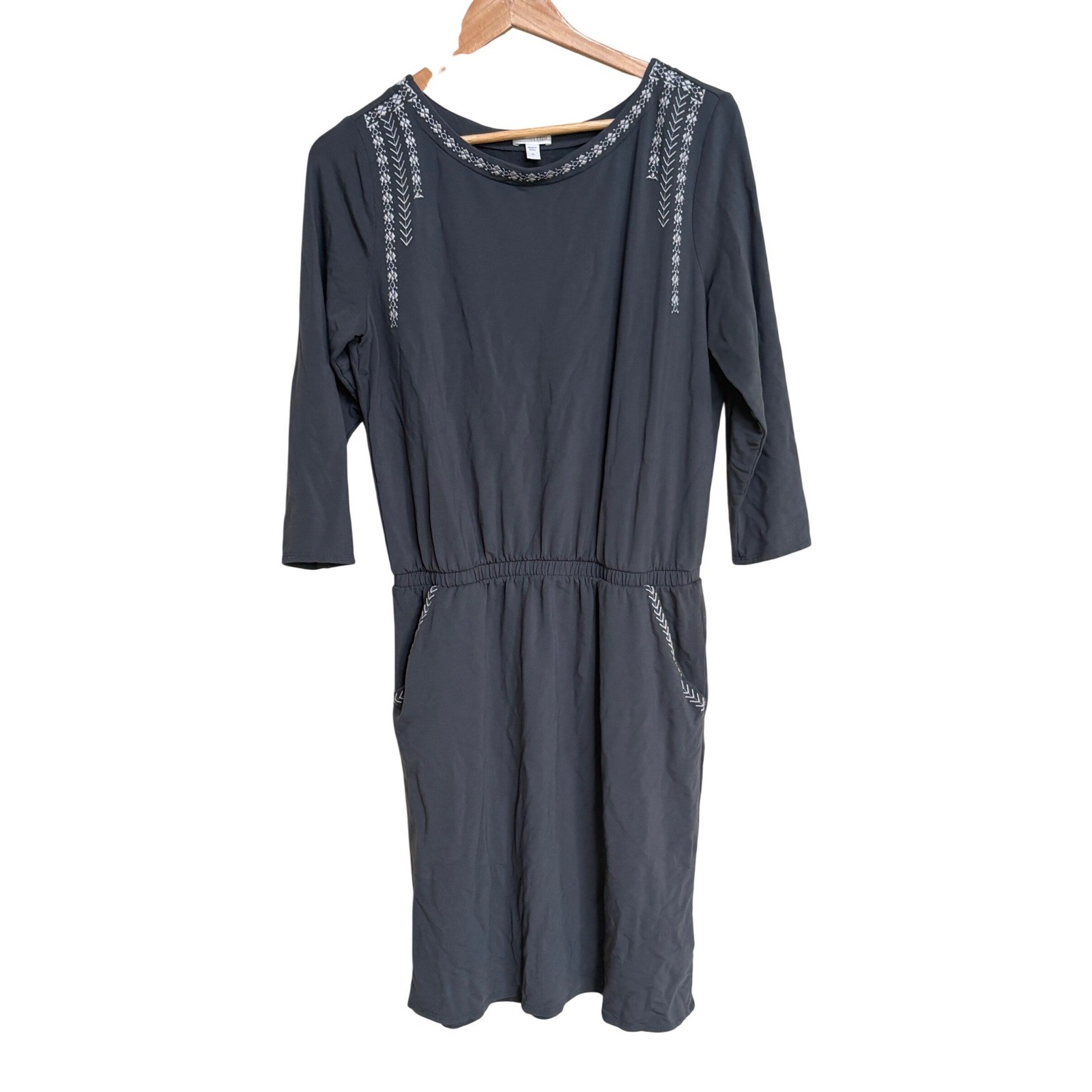 Garnet Hill Embroidered Tencel Lyocell Knit Dress Dark Gray Medium 3/4 Sleeve