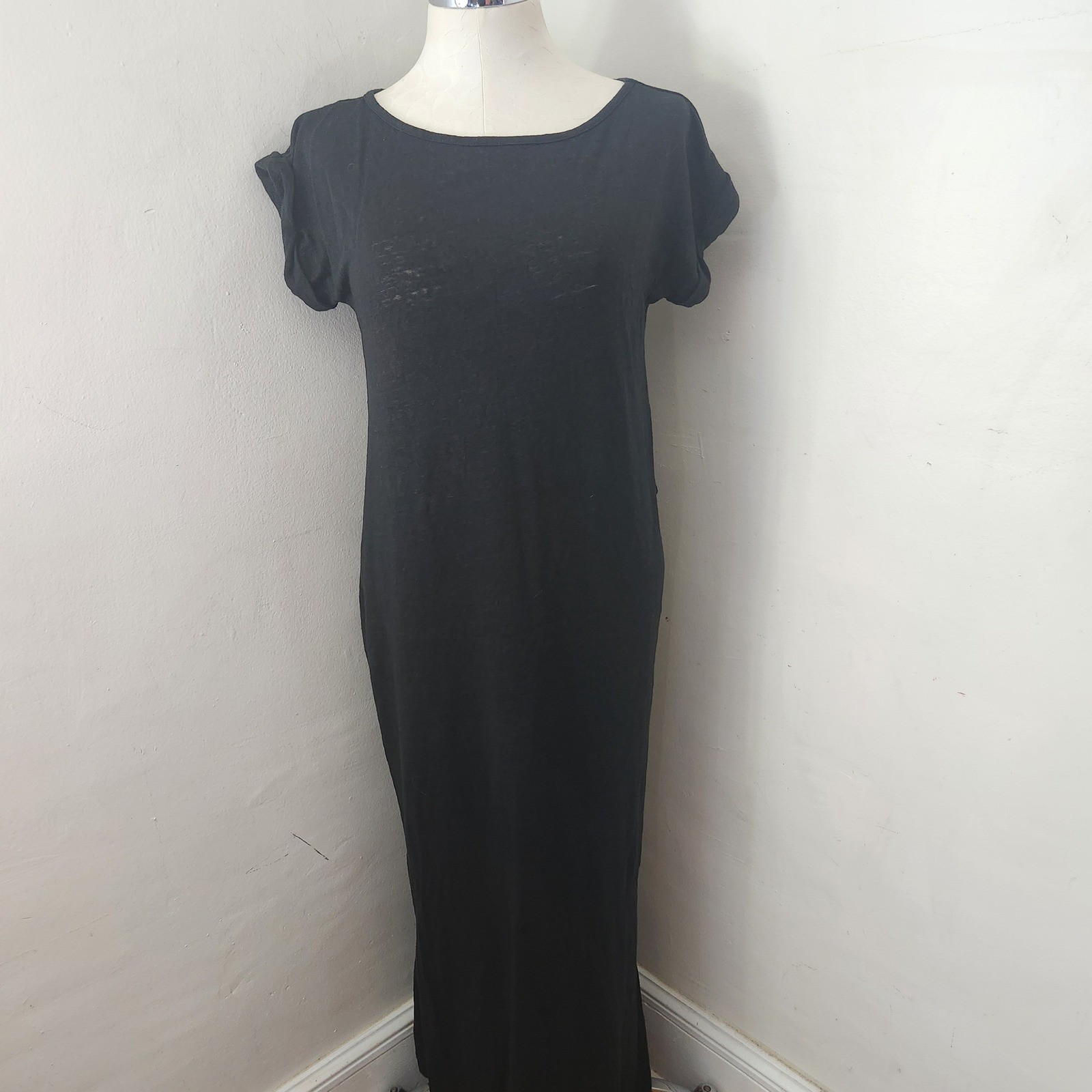 Lou & Grey Black 100% Linen Short Sleeve Maxi Dress Womens Small Scoop Neck