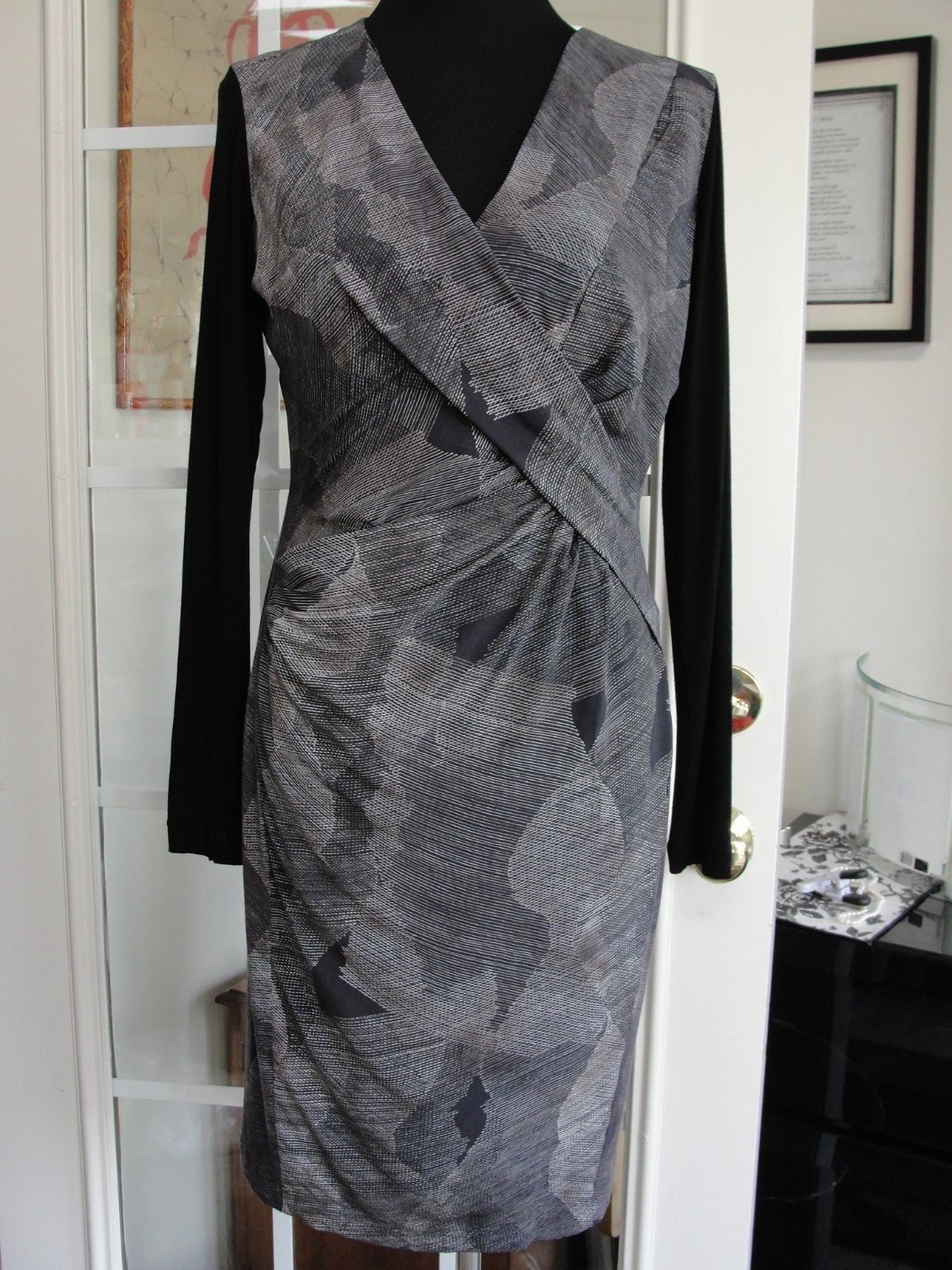 PIANURA STUDIO BLUE GRAY KNEE LENGTH LONG SLEEVE DRESS SZ 44 M 8 10 SILK ITALY