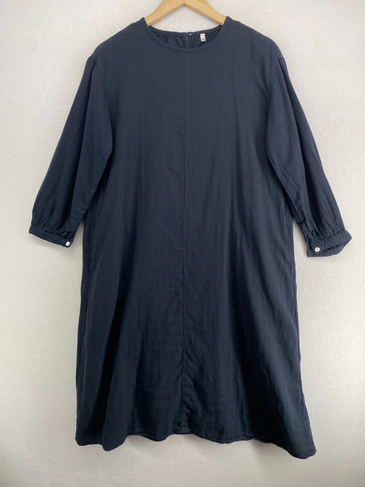 MUJI Dress XS/S Minimalist Shirt Shift Long Sleeve Relaxed Crew Neck Cotton Blue