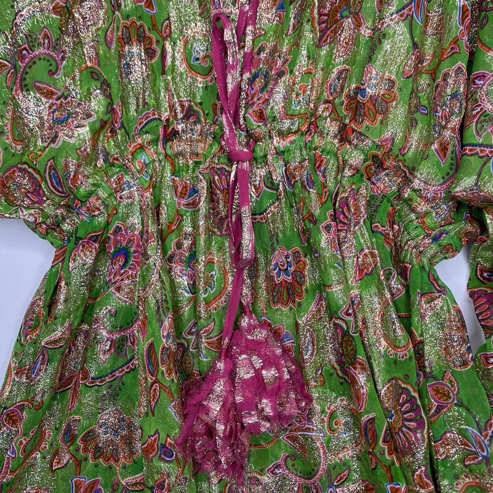 Miss June Paris Mini Dress Tunic Cover Up OS Green Gold Resort Kaftan Tassel