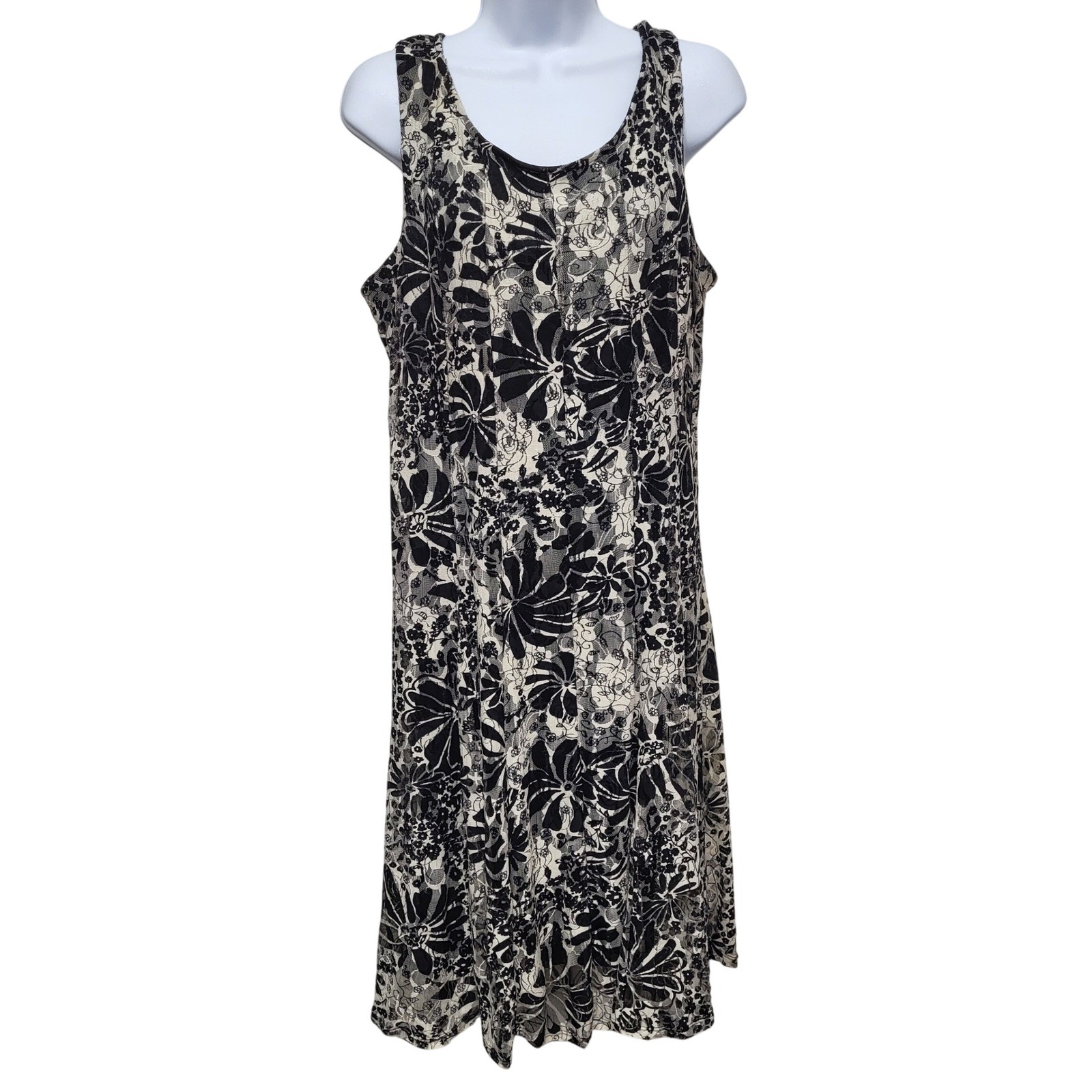 Perceptions New York Womens XL Black Cream Floral Lace Sleeveless Midi Dress