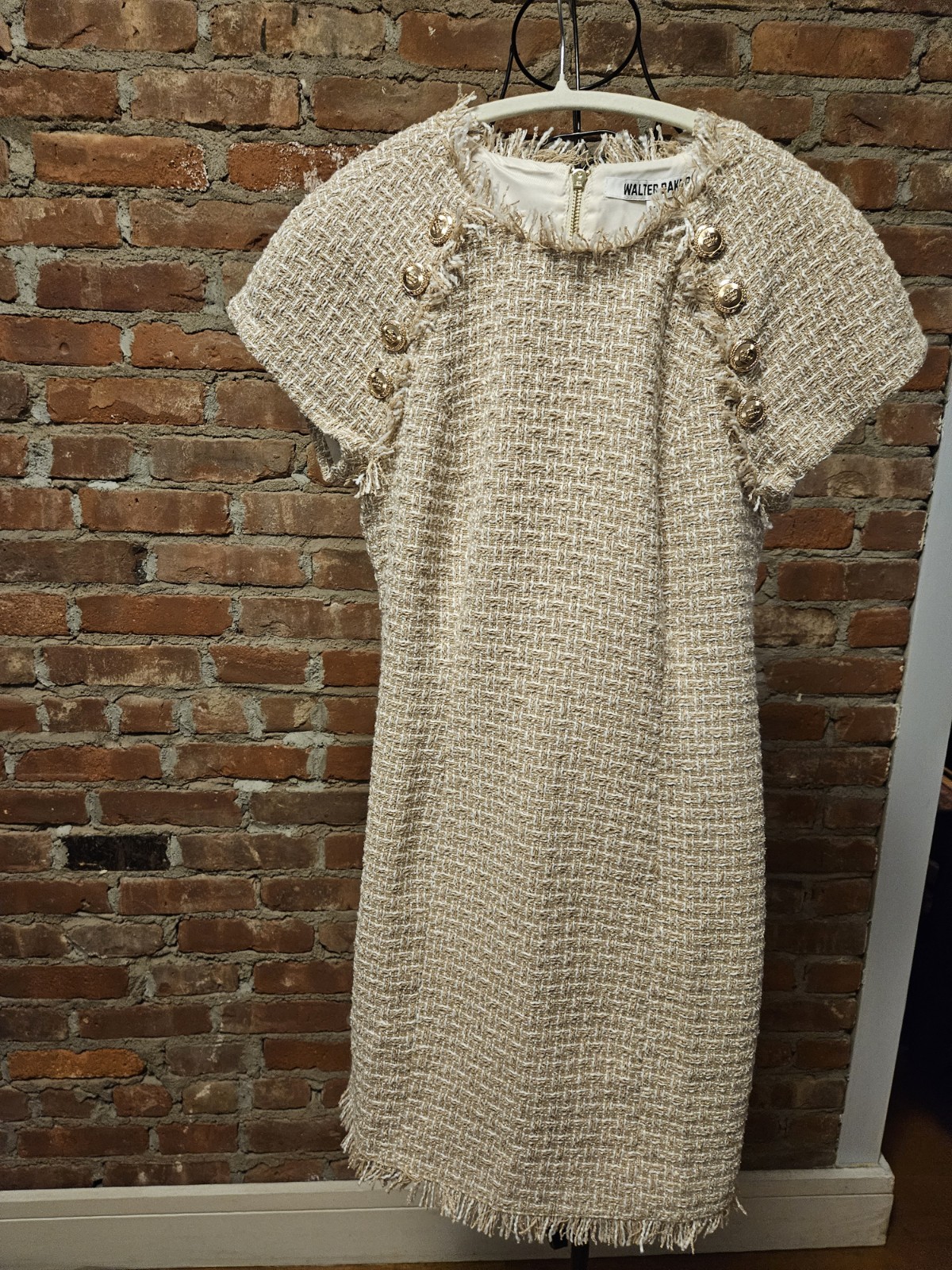 Walter Baker Desiree Cream Tweed Dress With Gold Button & Fringe Hem Accents…