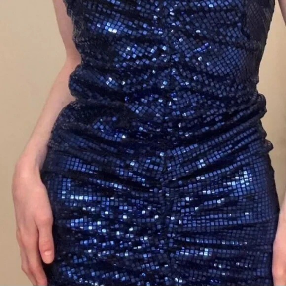 Zara Ink Blue Spaghetti Strap Sequin Ruched Disco Mini Dress 9420/701 Size L