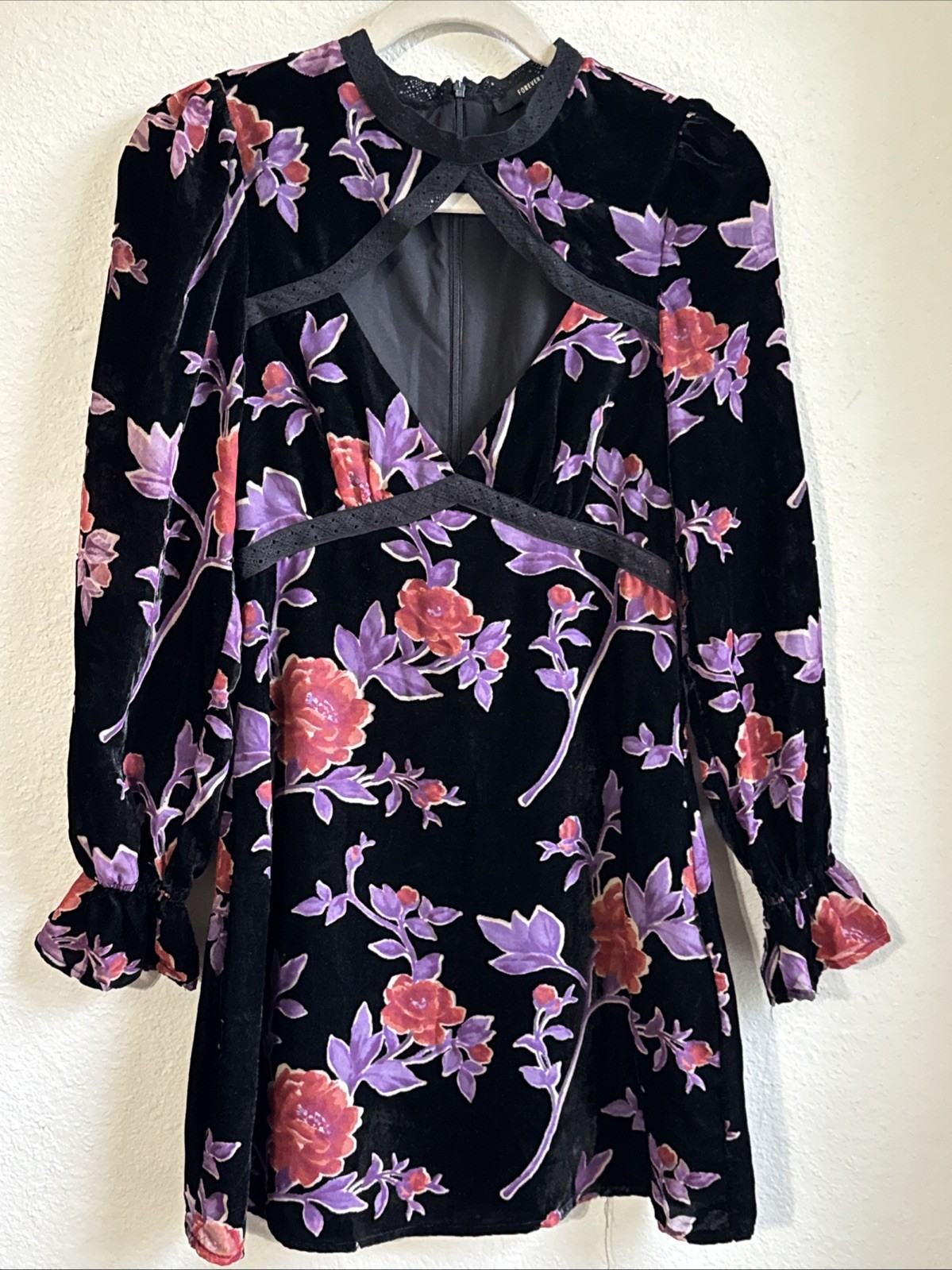 Vtg Forever 21 S Floral Velvet Burnout Cutout Neck Dress Y2K Whimsigoth Fairy
