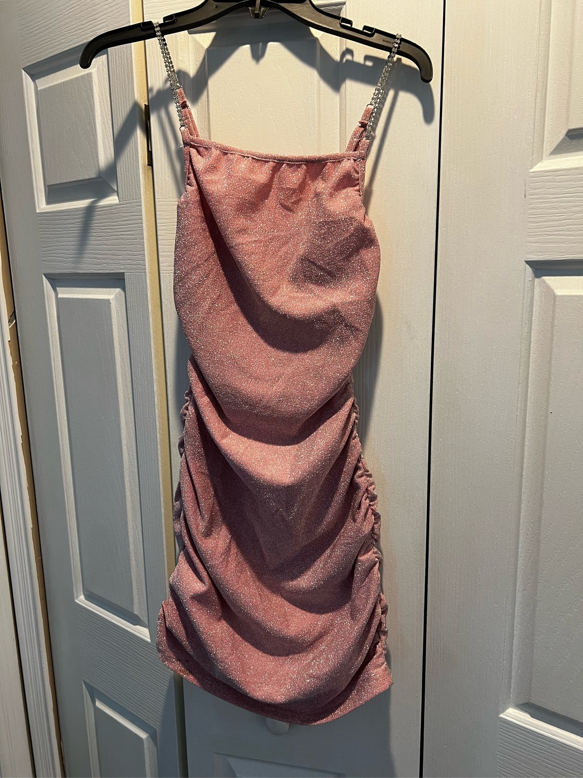 Pink Glitter Ruched Bodycon Mini Dress Rhinestone Straps Party Club